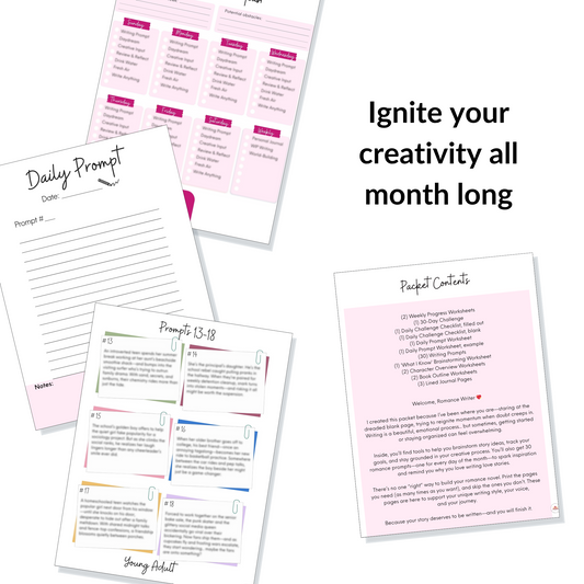 Printable Romance Writing Worksheets and 30 Daily Prompts for Story Planning, Brainstorming and Goal Setting