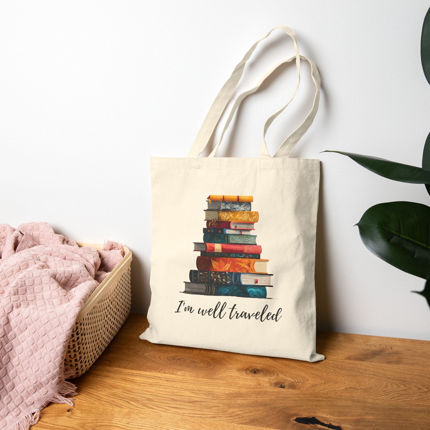 I'm Well Traveled Canvas Tote Bag Literary Gift for Readers and Book Lovers Cotton Bag for Bibliophiles
