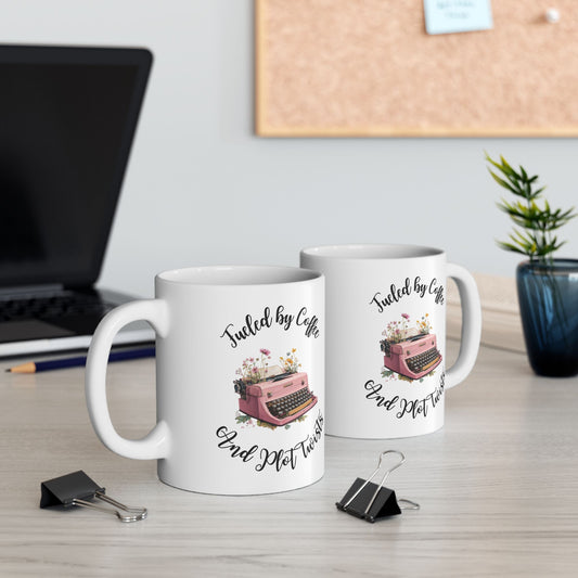 Fueled by Coffee and Plot Twists, Pink Vintage Typewriter | Ceramic Mug, (11oz)