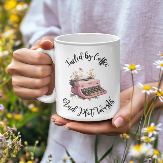 Fueled by Coffee and Plot Twists, Pink Vintage Typewriter | Ceramic Mug, (11oz)