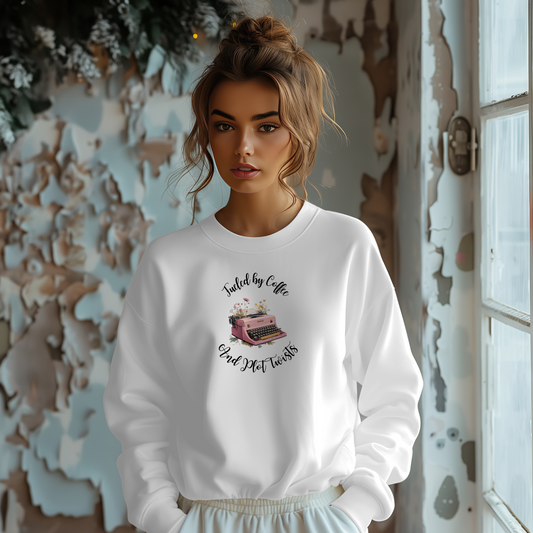 Fueled by Coffee and Plot Twists, Vintage Pink Typewriter | Unisex Crewneck Sweatshirt