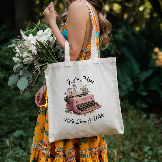 Just a Mom Who Loves to Write Tote Bag Vintage Pink Typewriter Design Gift for Writer Moms