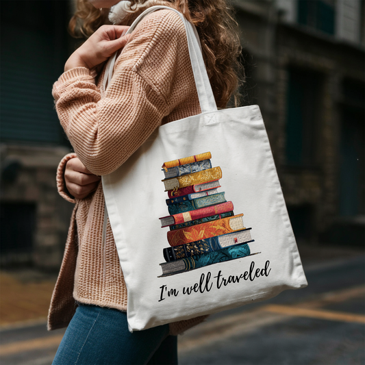 I'm Well Traveled Canvas Tote Bag Literary Gift for Readers and Book Lovers Cotton Bag for Bibliophiles