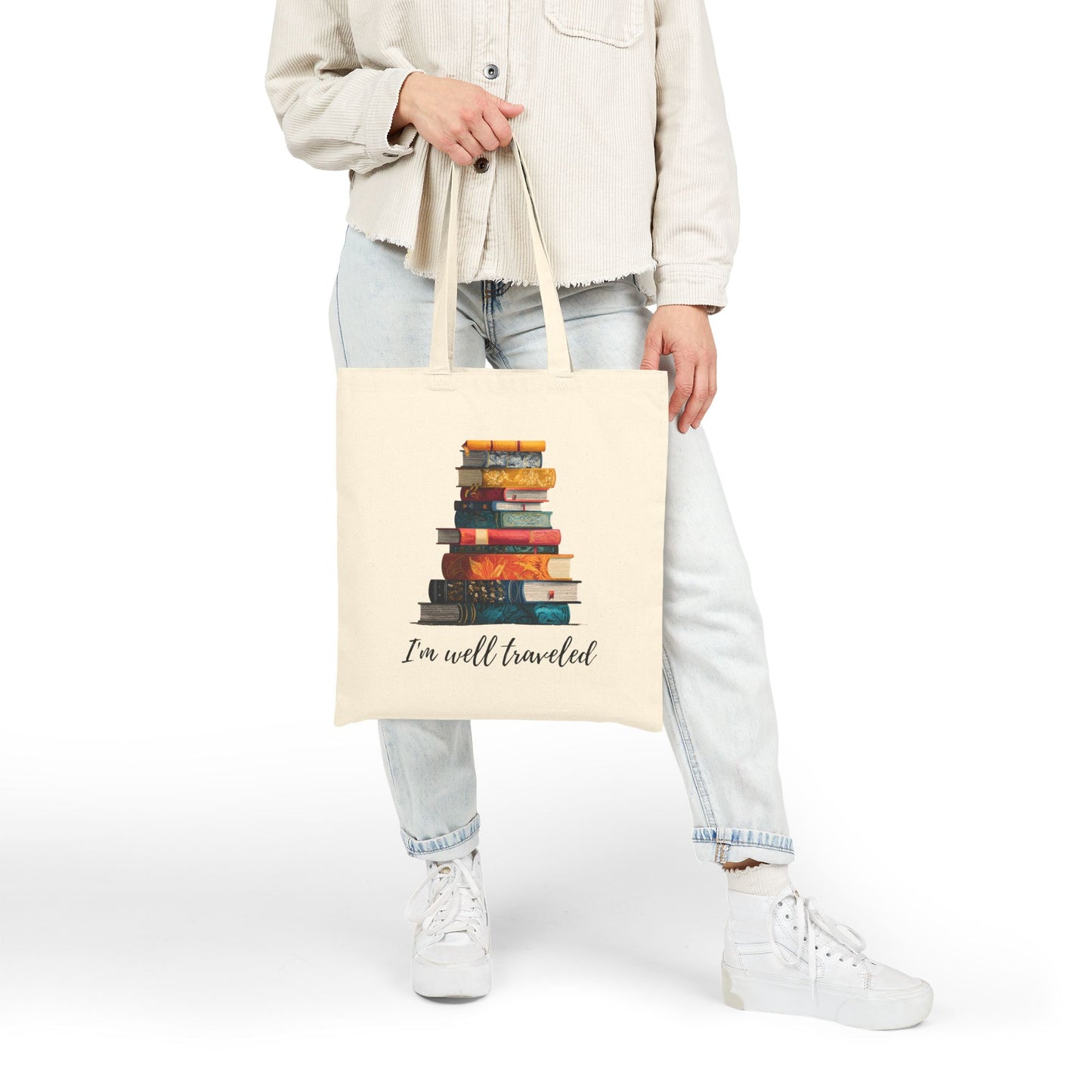 I'm Well Traveled Canvas Tote Bag Literary Gift for Readers and Book Lovers Cotton Bag for Bibliophiles