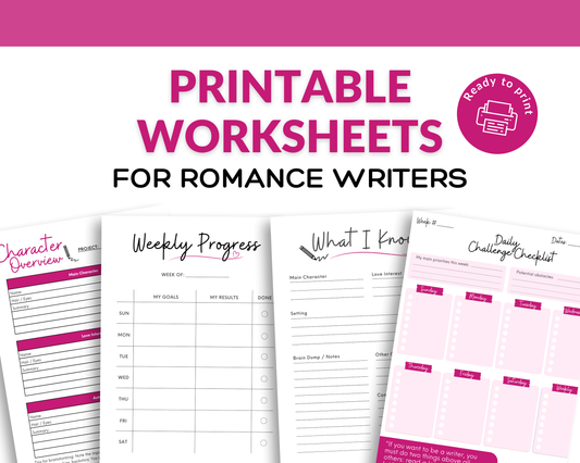 Printable Romance Writing Worksheets and 30 Daily Prompts for Story Planning, Brainstorming and Goal Setting