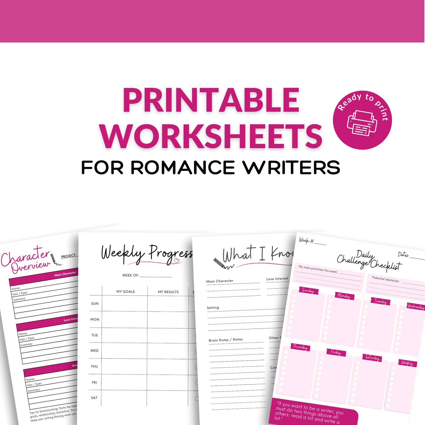 Printable Romance Writing Worksheets and 30 Daily Prompts for Story Planning, Brainstorming and Goal Setting
